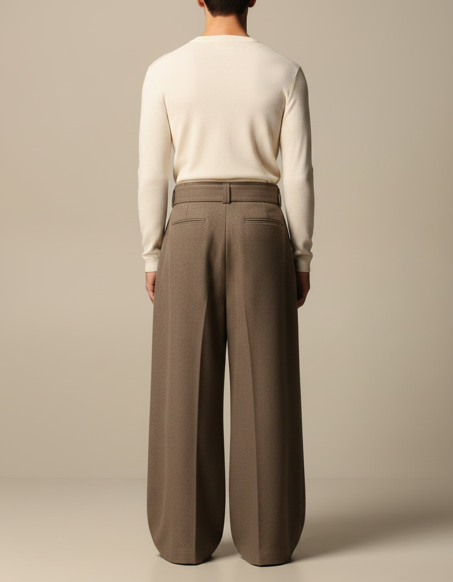 Pantalon Marron Drapé Ample Ceinturé Plissé Élégant Homme - Laine - vue 2