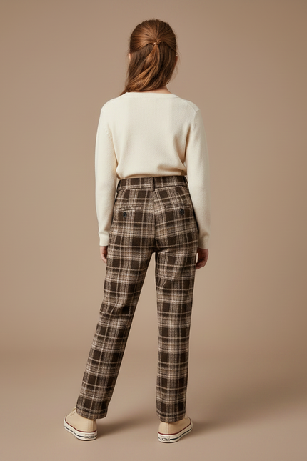 Pantalon Marron Carreaux Laine Droit Épais Fille - vue 2