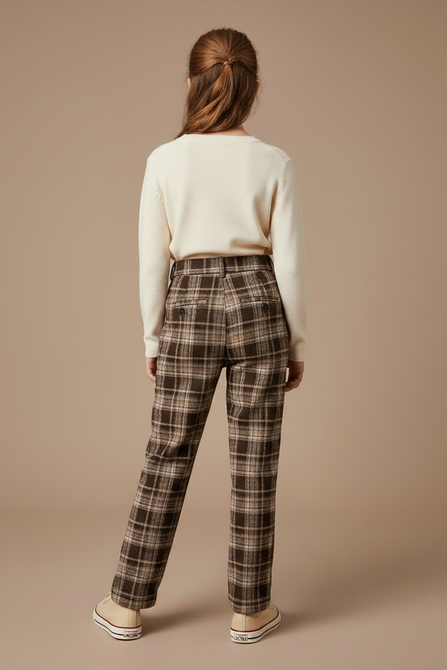 Pantalon Marron Carreaux Laine Droit Épais Fille - vue 2