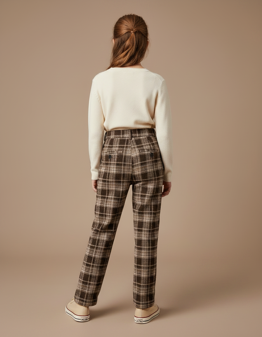 Pantalon Marron Carreaux Laine Droit Épais Fille - vue 2