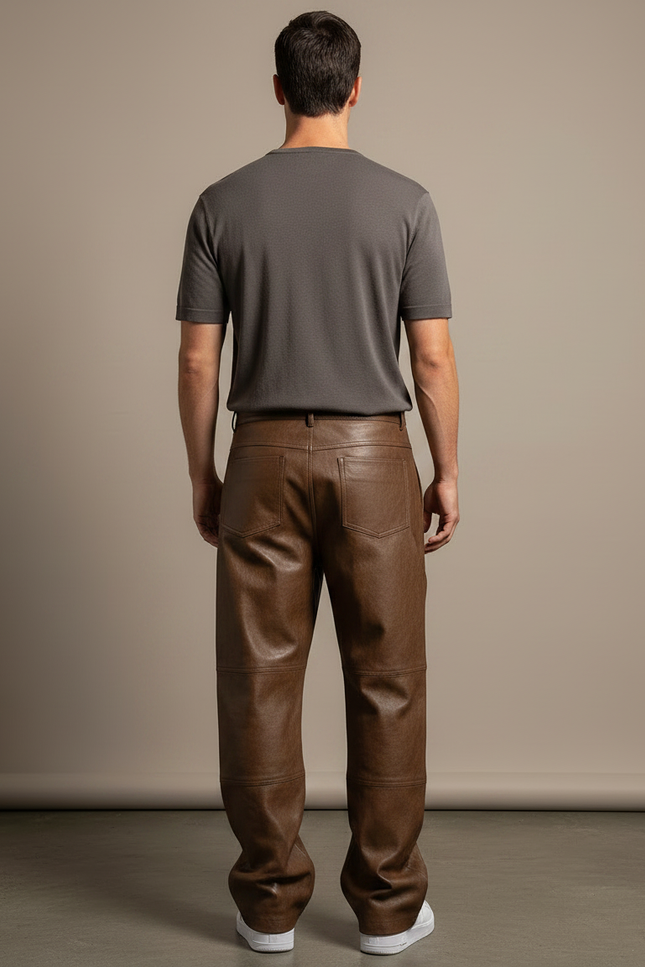 Pantalon Cuir Marron Vieilli - vue 2