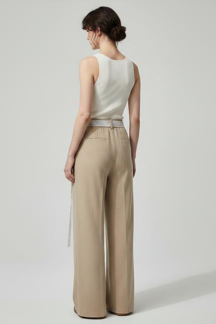 Pantalon Marron Fluide Ample Décontracté Ceinturé Femme - Beige Molleton - vue 2