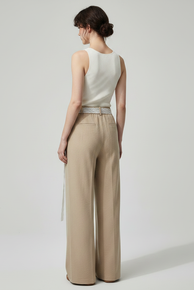 Pantalon Marron Fluide Ample Décontracté Ceinturé Femme - Beige Molleton - vue 2