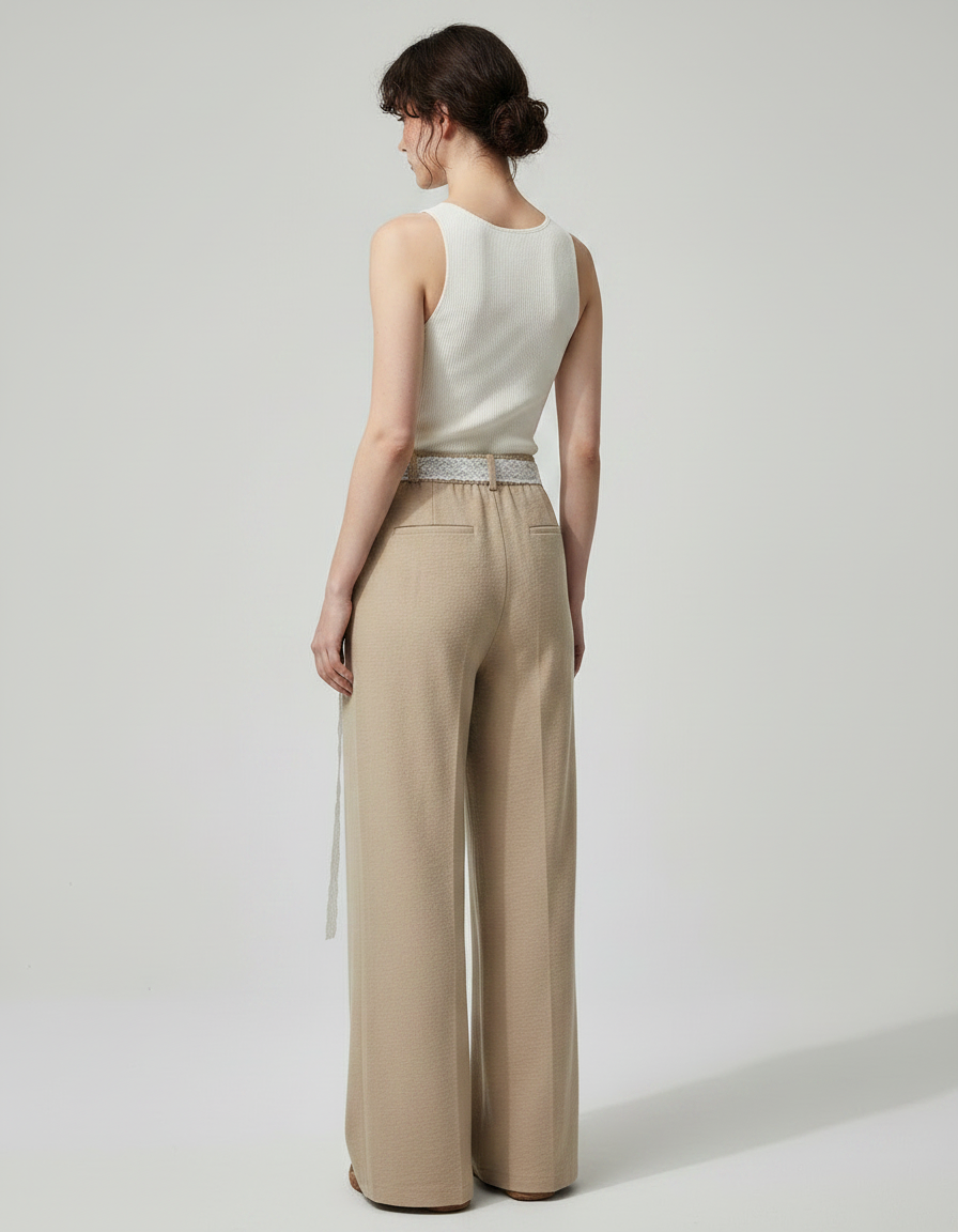 Pantalon Marron Fluide Ample Décontracté Ceinturé Femme - Beige Molleton - vue 2