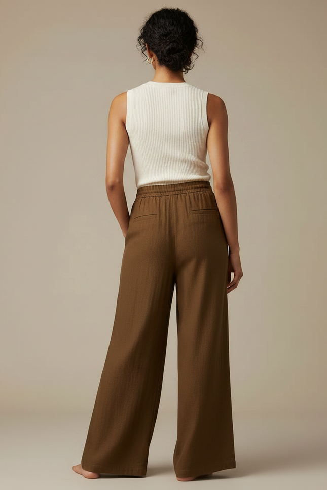 Pantalon Marron Lin Ample Cordon Femme Décontracté - vue 2