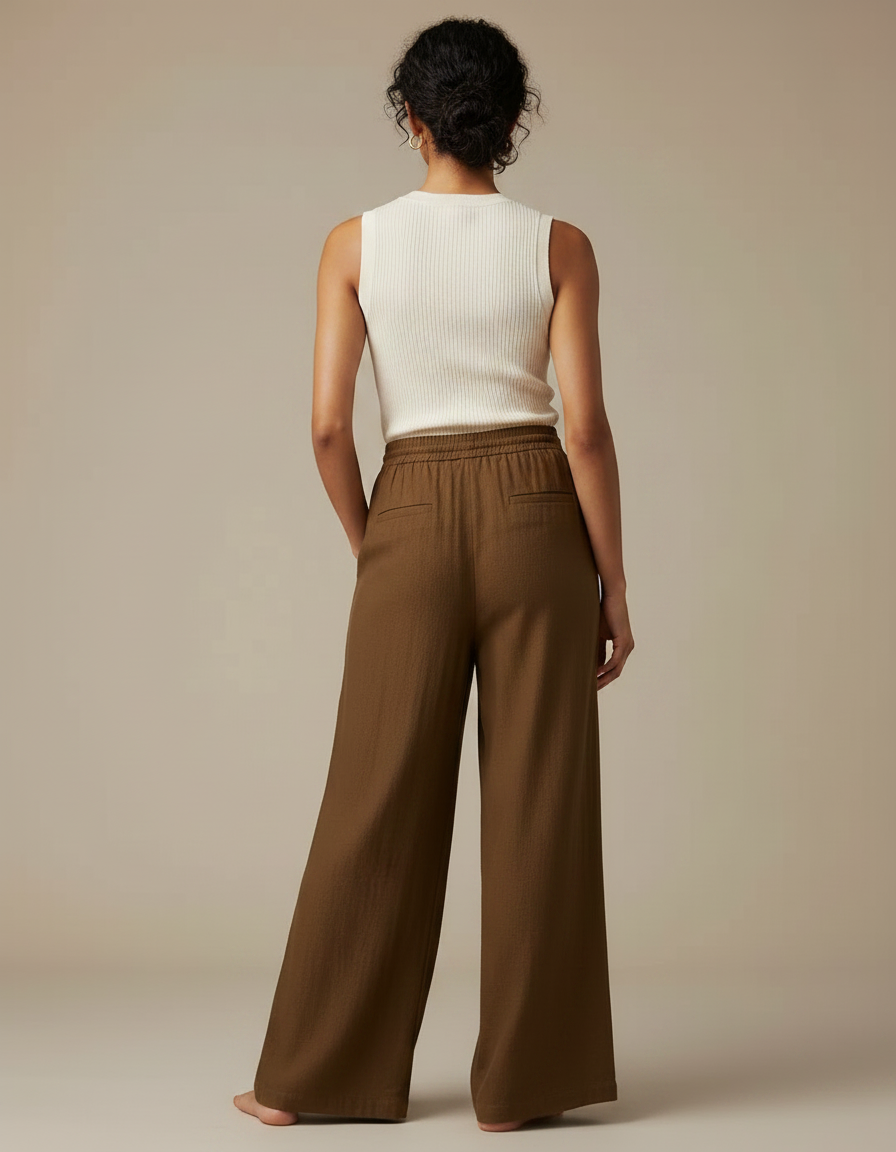 Pantalon Marron Lin Ample Cordon Femme Décontracté - vue 2