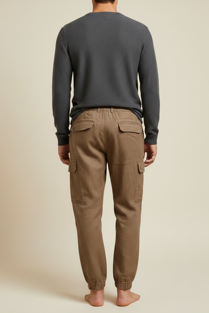 Pantalon Marron Homme Coton Lin Cargo Jogger Décontracté - vue 2