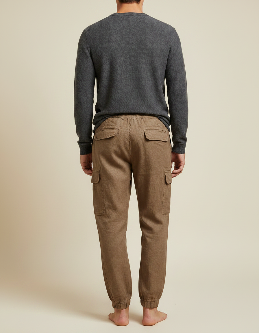 Pantalon Marron Homme Coton Lin Cargo Jogger Décontracté - vue 2