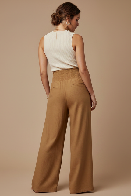 Pantalon Marron Fluide Ample Taille Haute Élégant Femme - Viscose - vue 2