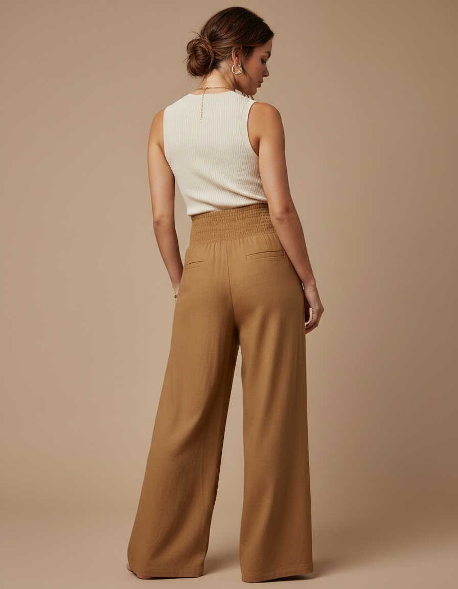 Pantalon Marron Fluide Ample Taille Haute Élégant Femme - Viscose - vue 2