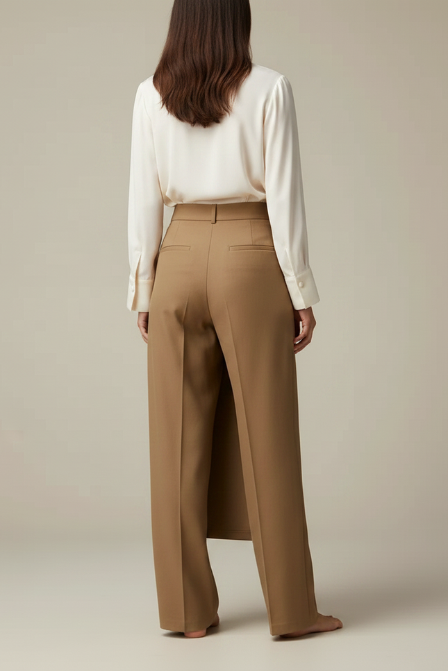 Pantalon Marron Élégant Droit Taille Haute Femme - Gabardine - vue 2