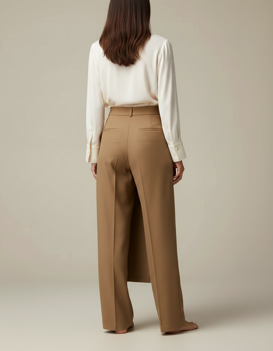 Pantalon Marron Élégant Droit Taille Haute Femme - Gabardine - vue 2
