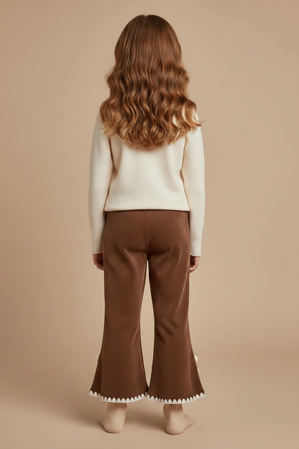 Pantalon Marron Côtelé Évasé Pompons Enfant Confortable - Cordé - vue 2