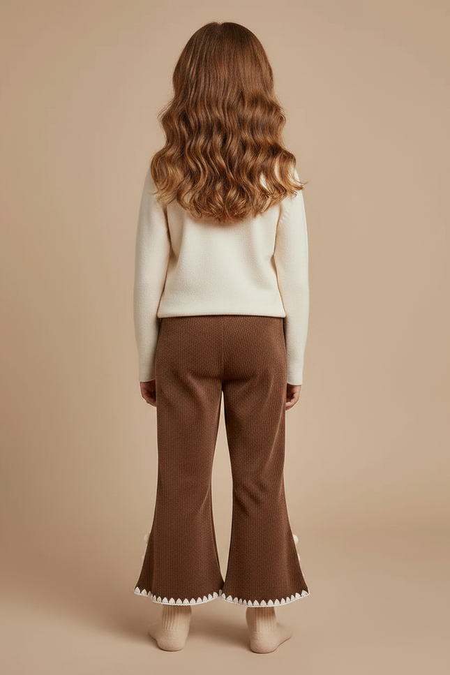 Pantalon Marron Côtelé Évasé Pompons Enfant Confortable - Cordé - vue 2