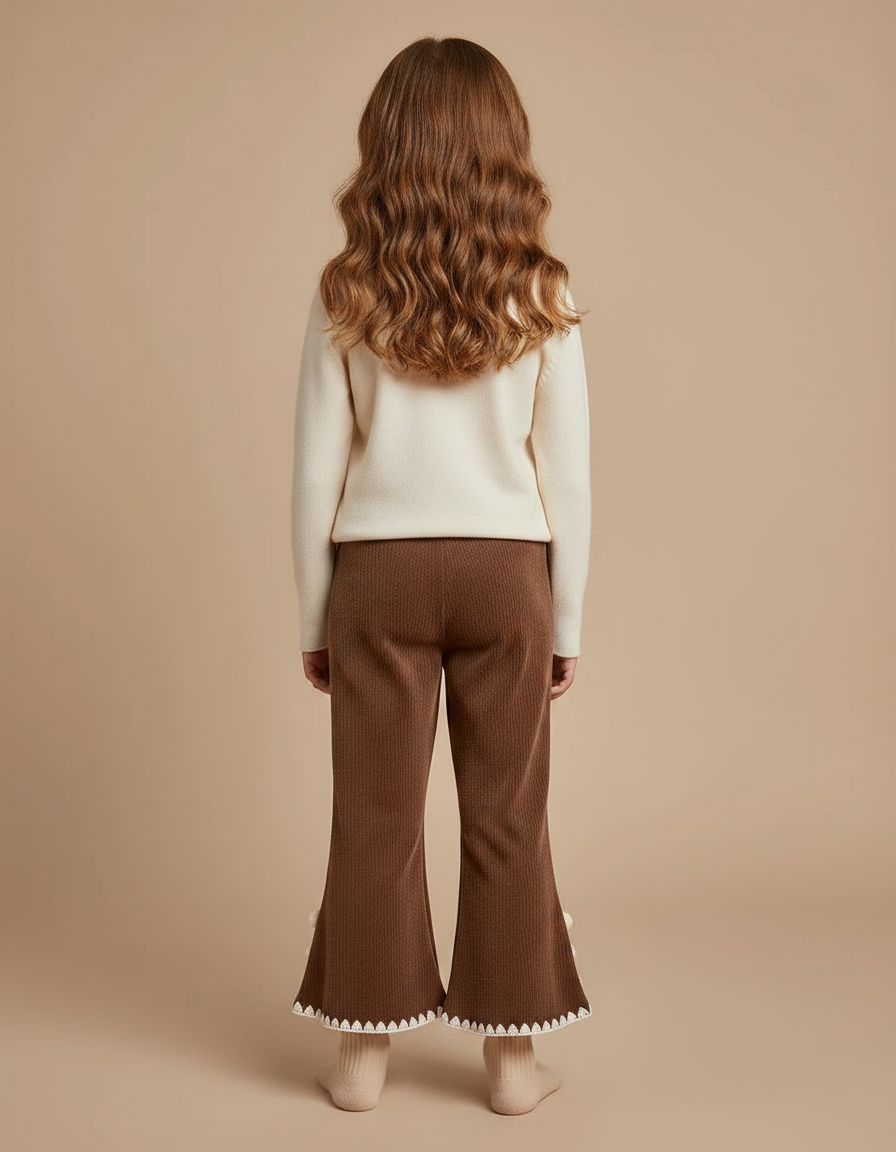 Pantalon Marron Côtelé Évasé Pompons Enfant Confortable - Cordé - vue 2