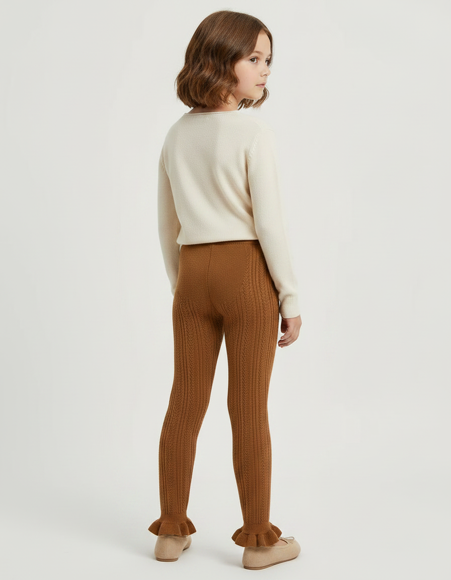 Pantalon Marron Tricoté Câblé Volants Fille Confortable - Maille - vue 2