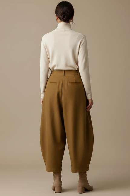 Pantalon Marron Ample Taille Haute Décontracté Harem - Laine - vue 2