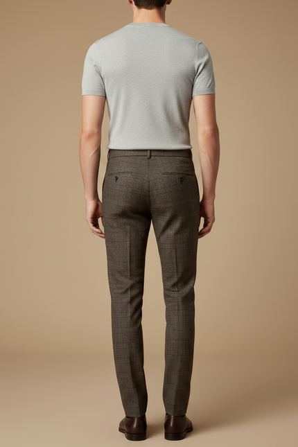 Pantalon Marron À Carreaux Coupe Droite Homme Élégant - Laine - vue 2
