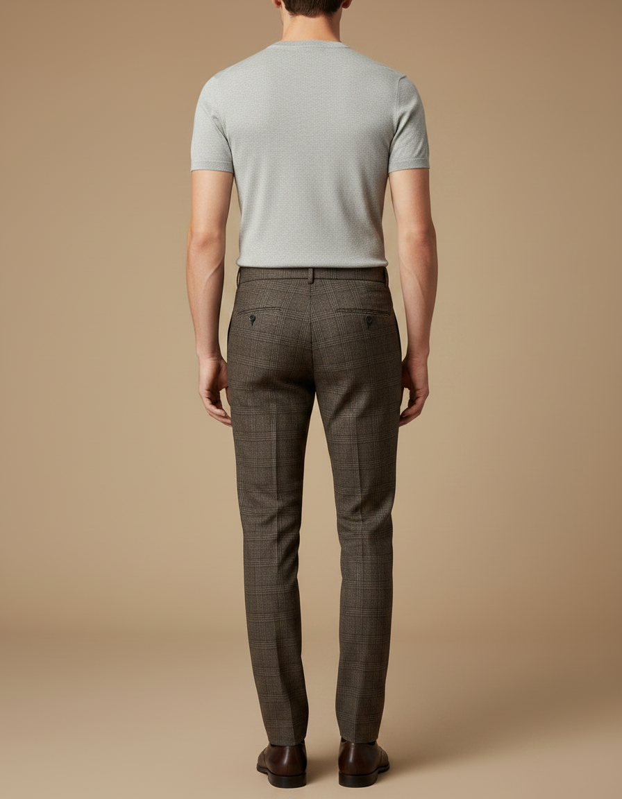 Pantalon Marron À Carreaux Coupe Droite Homme Élégant - Laine - vue 2