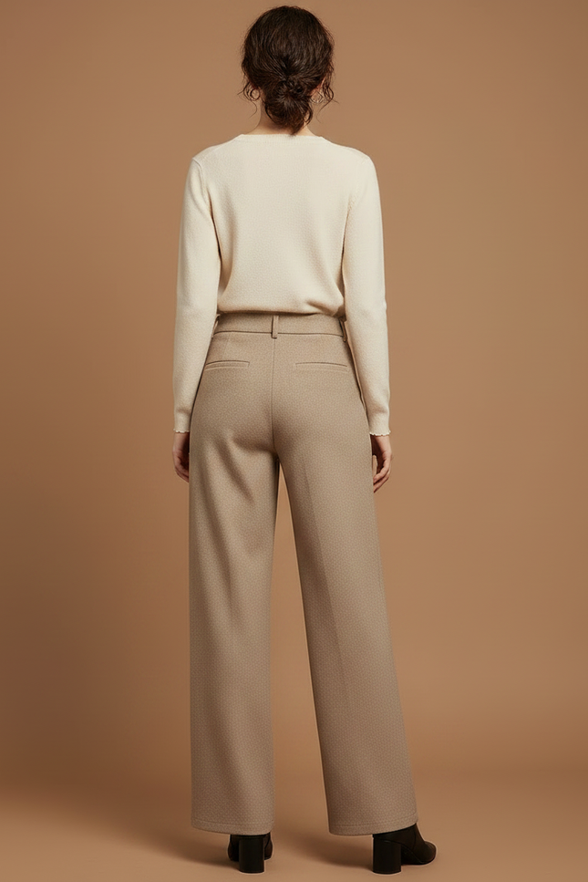 Pantalon Marron Laine Large Droit Élégant Femme - Beige - vue 2