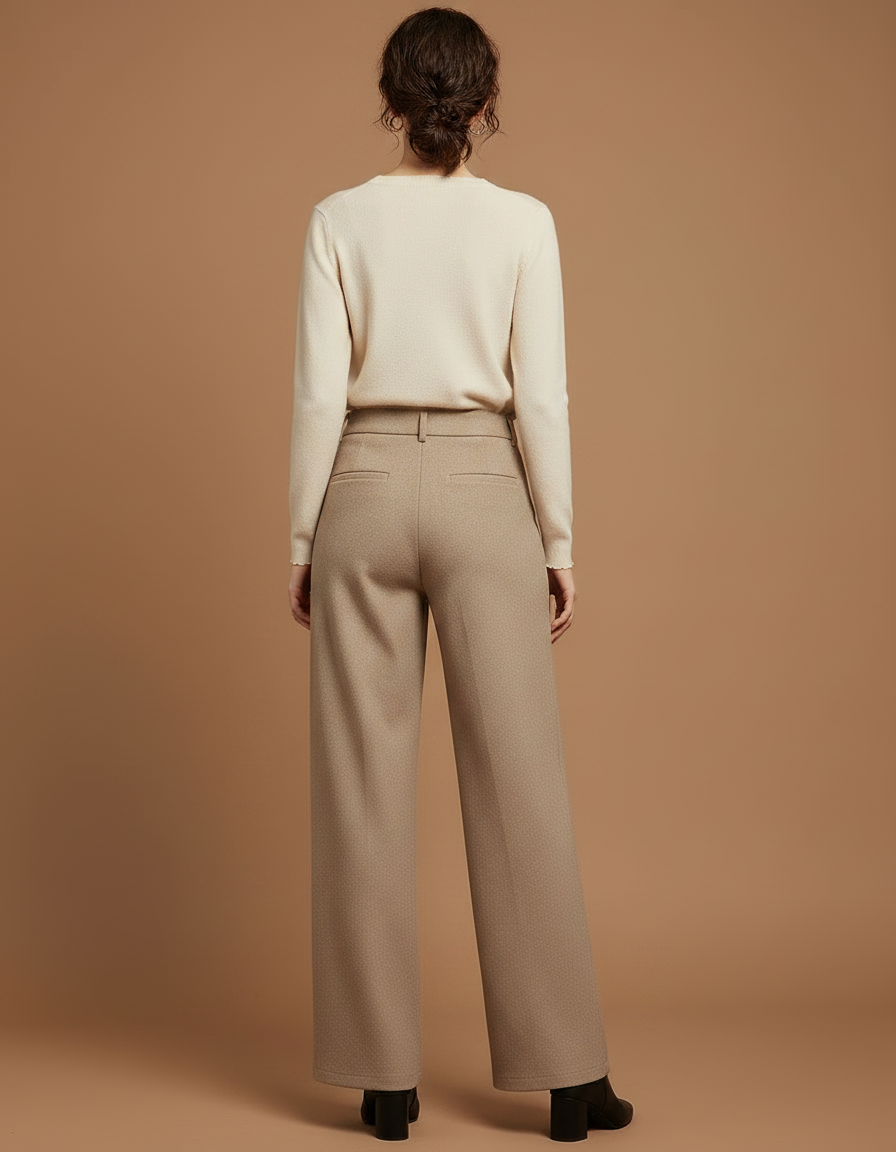 Pantalon Marron Laine Large Droit Élégant Femme - Beige - vue 2