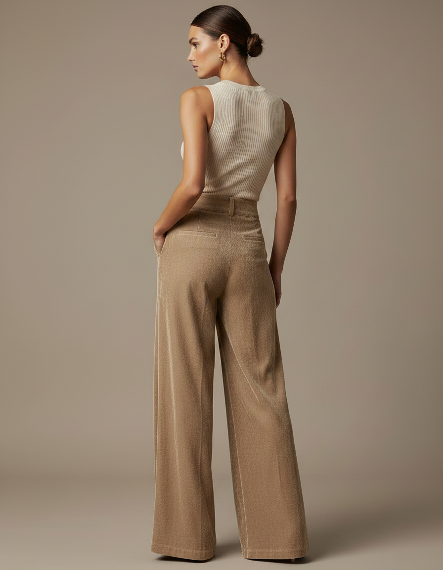 Pantalon Marron Velours Ample Plissé Élégant Femme - Camel - vue 2