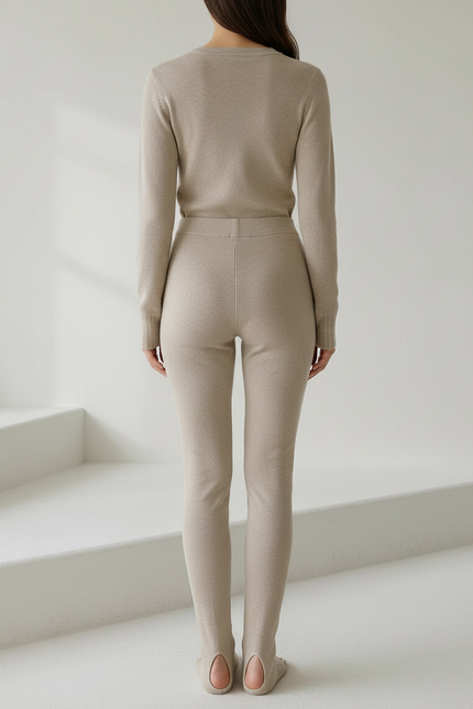 Pantalon Marron Côtelé Tricoté Chaud Extensible Fille - Beige Maille