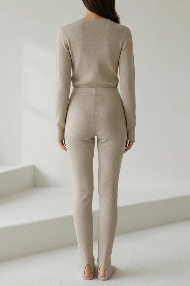Pantalon Marron Côtelé Tricoté Chaud Extensible Fille - Beige Maille