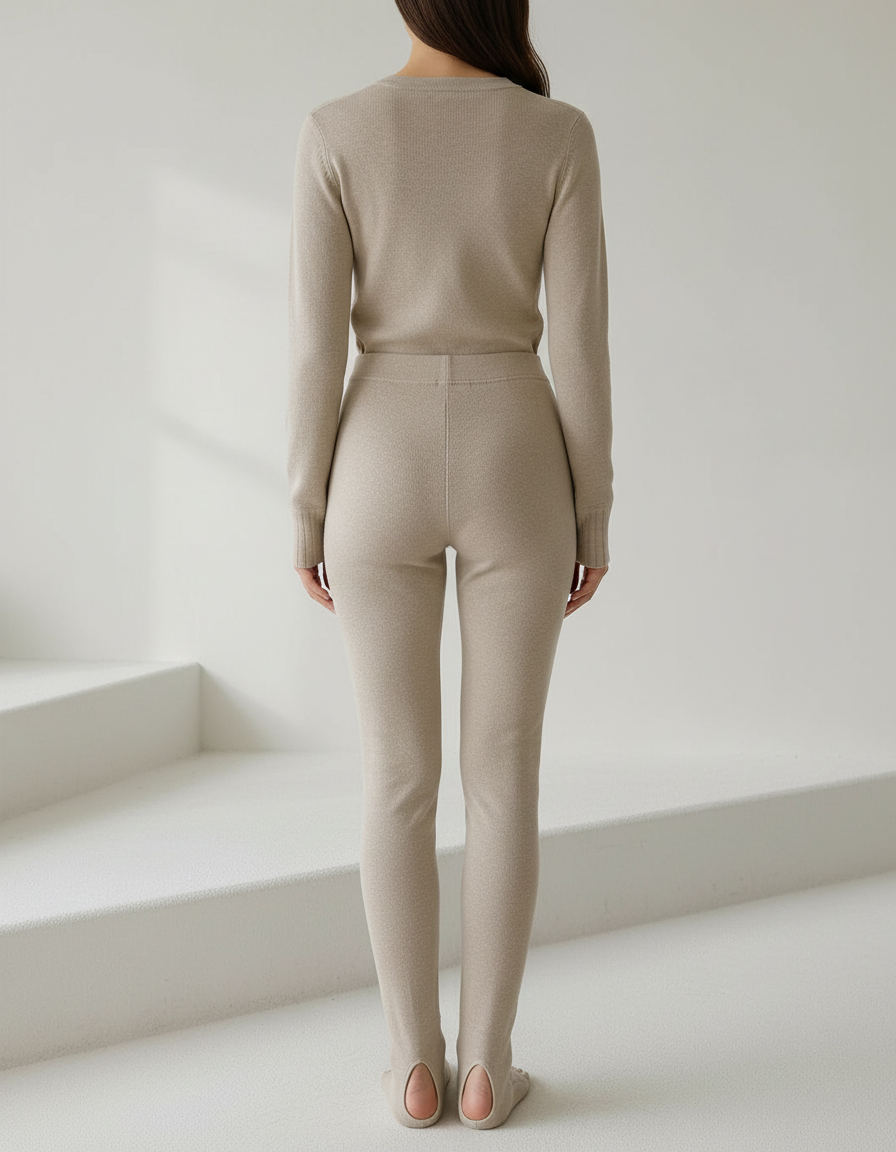 Pantalon Marron Côtelé Tricoté Chaud Extensible Fille - Beige Maille