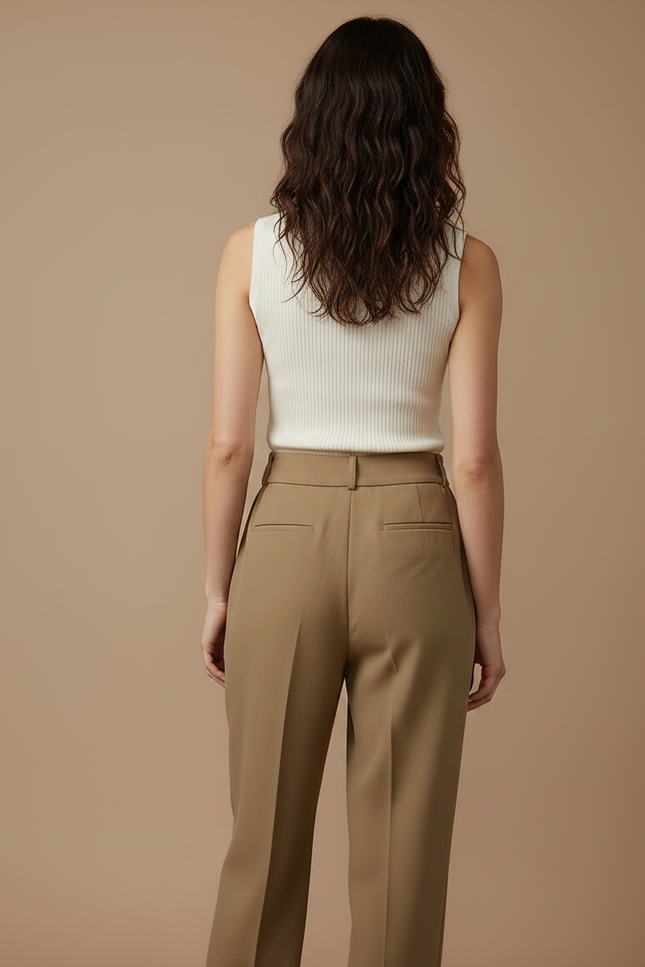Pantalon Marron Taille Haute Fluide Décontracté Élégant - Kaki Gabardine - vue 2