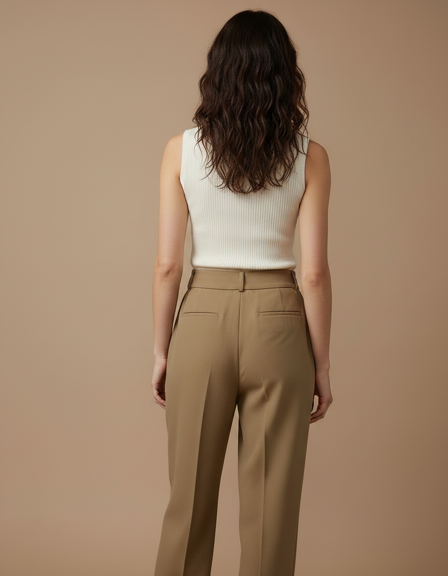 Pantalon Marron Taille Haute Fluide Décontracté Élégant - Kaki Gabardine - vue 2