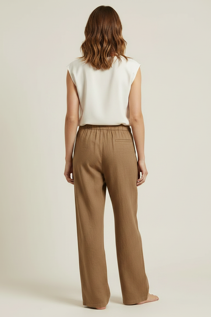 Pantalon Marron Lin Coton Ample Décontracté Fluide - vue 2