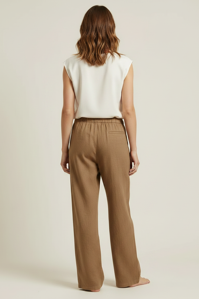 Pantalon Marron Lin Coton Ample Décontracté Fluide - vue 2