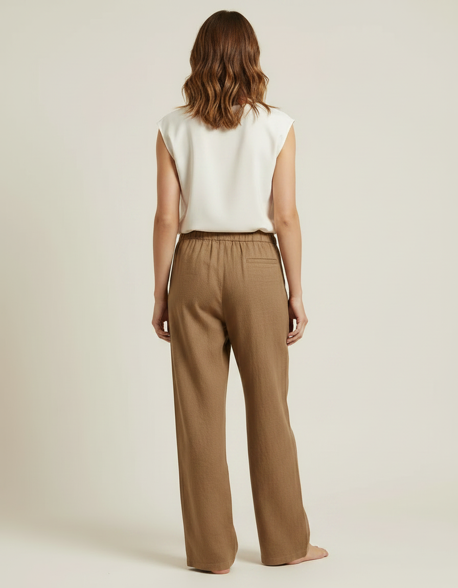 Pantalon Marron Lin Coton Ample Décontracté Fluide - vue 2