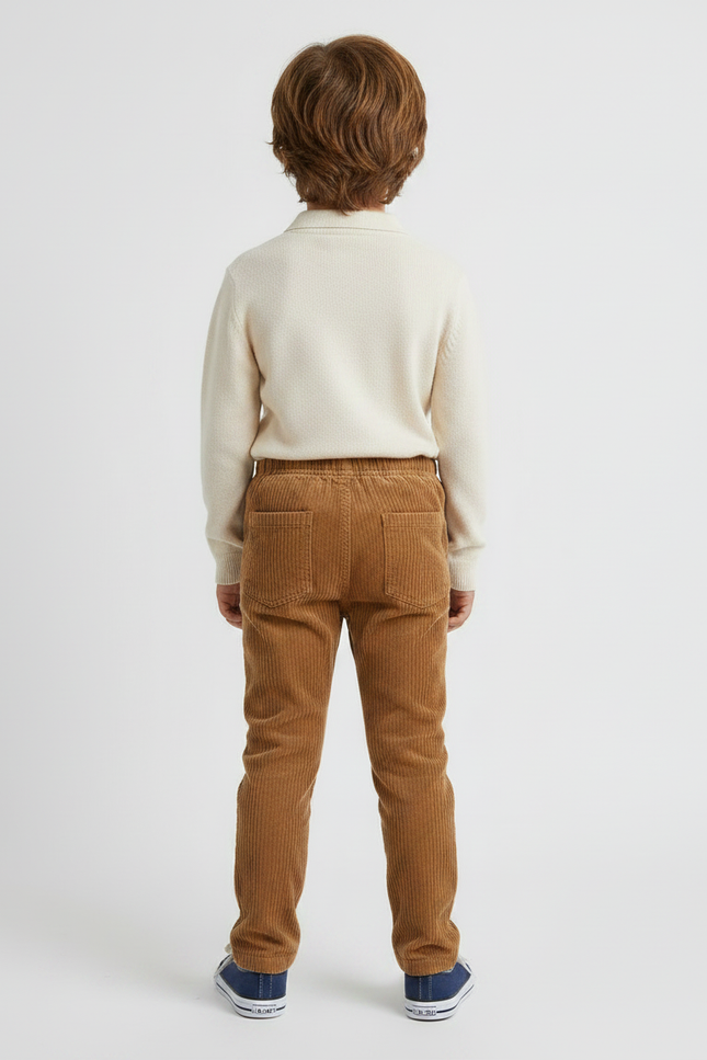 Pantalon Marron Côtelé Slim Taille Élastique Enfant - Cordé - vue 2