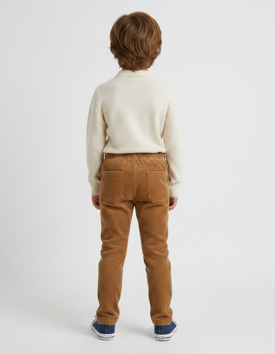 Pantalon Marron Côtelé Slim Taille Élastique Enfant - Cordé - vue 2