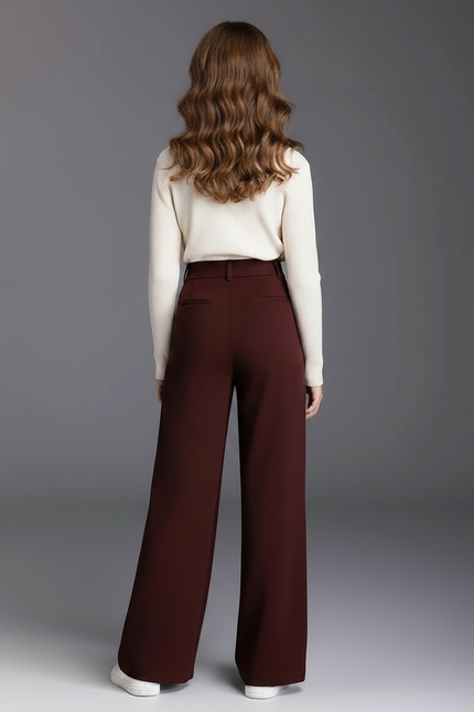 Pantalon Marron Taille Haute Ample Fluide Élégant - Bordeaux Gabardine - vue 2