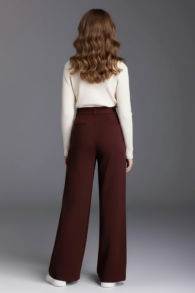 Pantalon Marron Taille Haute Ample Fluide Élégant - Bordeaux Gabardine - vue 2