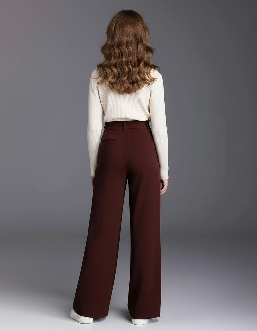 Pantalon Marron Taille Haute Ample Fluide Élégant - Bordeaux Gabardine - vue 2