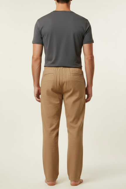 Pantalon Marron Coton Lin Ample Décontracté Homme - Camel - vue 2