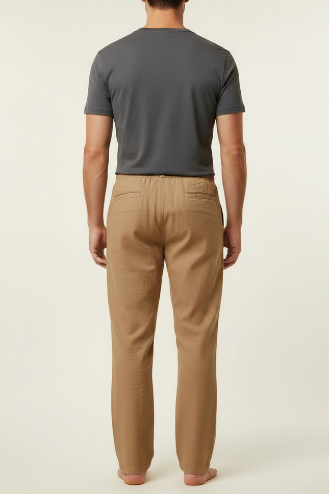 Pantalon Marron Coton Lin Ample Décontracté Homme - Camel - vue 2