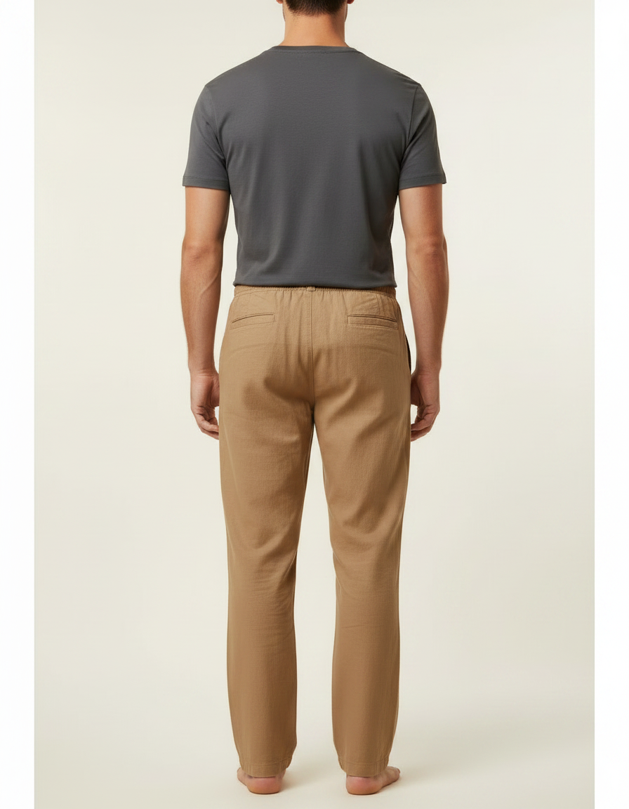 Pantalon Marron Coton Lin Ample Décontracté Homme - Camel - vue 2
