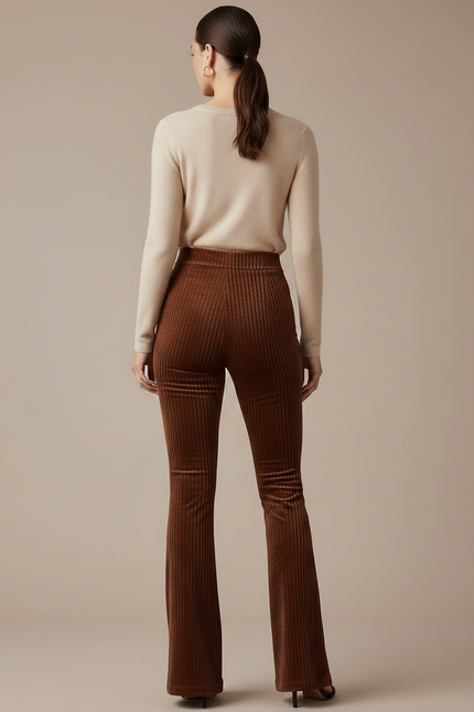 Pantalon Marron Velours Côtelé Évasé Taille Haute Femme - Cordé - vue 2