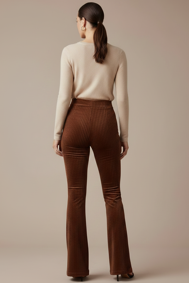 Pantalon Marron Velours Côtelé Évasé Taille Haute Femme - Cordé - vue 2