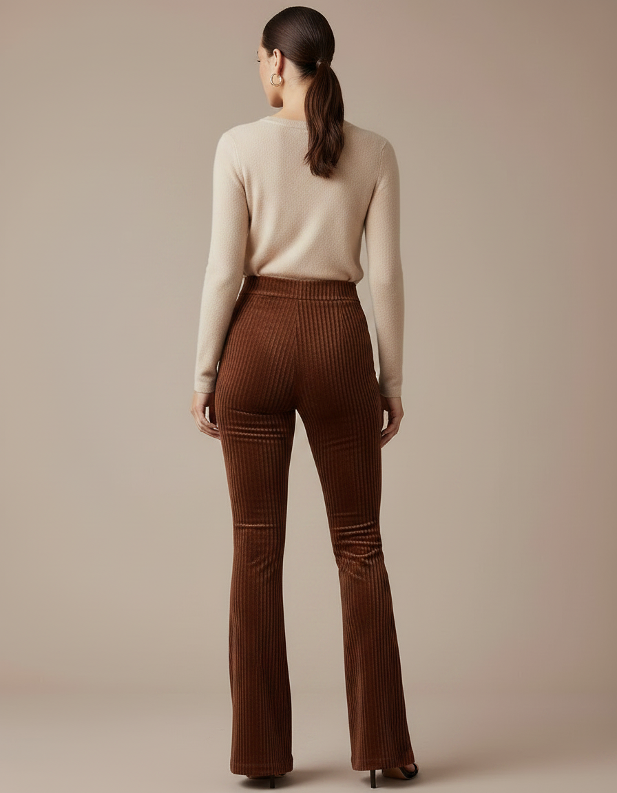 Pantalon Marron Velours Côtelé Évasé Taille Haute Femme - Cordé - vue 2