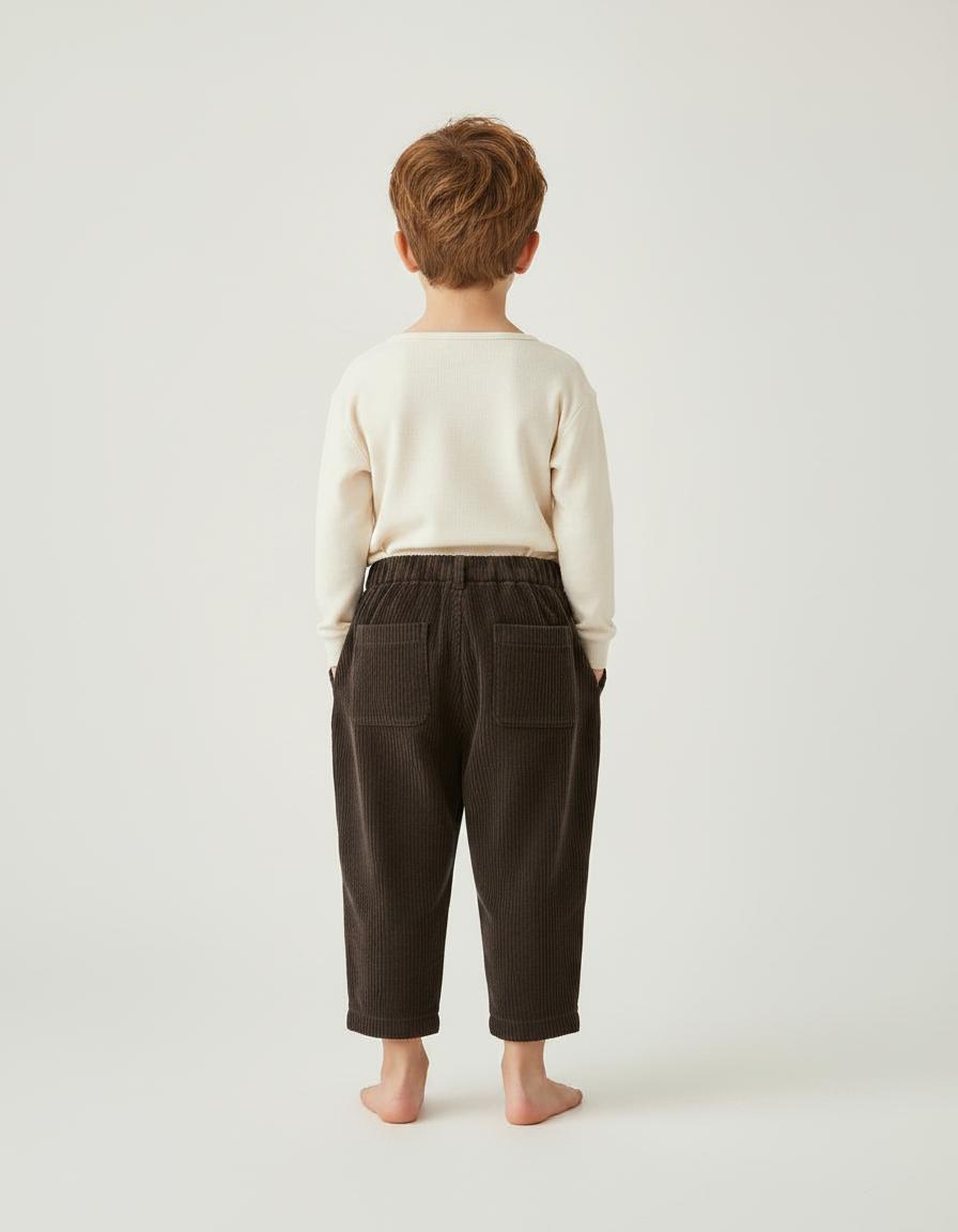 Pantalon Marron Côtelé Ample Plissé Décontracté Enfant - Cordé - vue 2