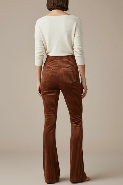 Pantalon Marron Côtelé Velours Évasé Taille Haute Femme - Cordé - vue 2