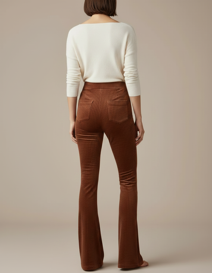 Pantalon Marron Côtelé Velours Évasé Taille Haute Femme - Cordé - vue 2