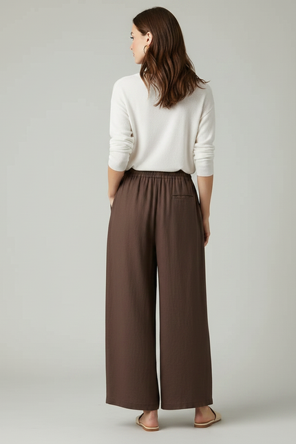 Pantalon Marron Lin Ample Taille Haute Femme Décontracté - vue 2
