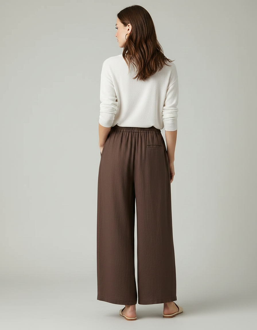 Pantalon Marron Lin Ample Taille Haute Femme Décontracté - vue 2